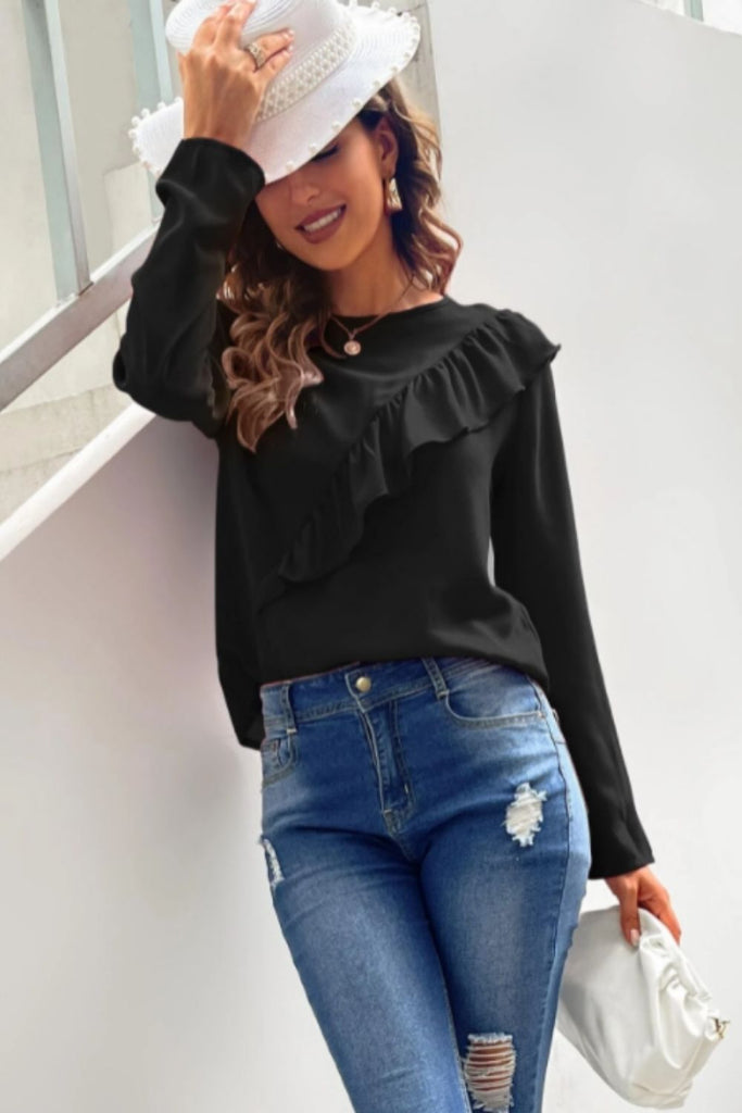 Ruffle front full sleeves black top