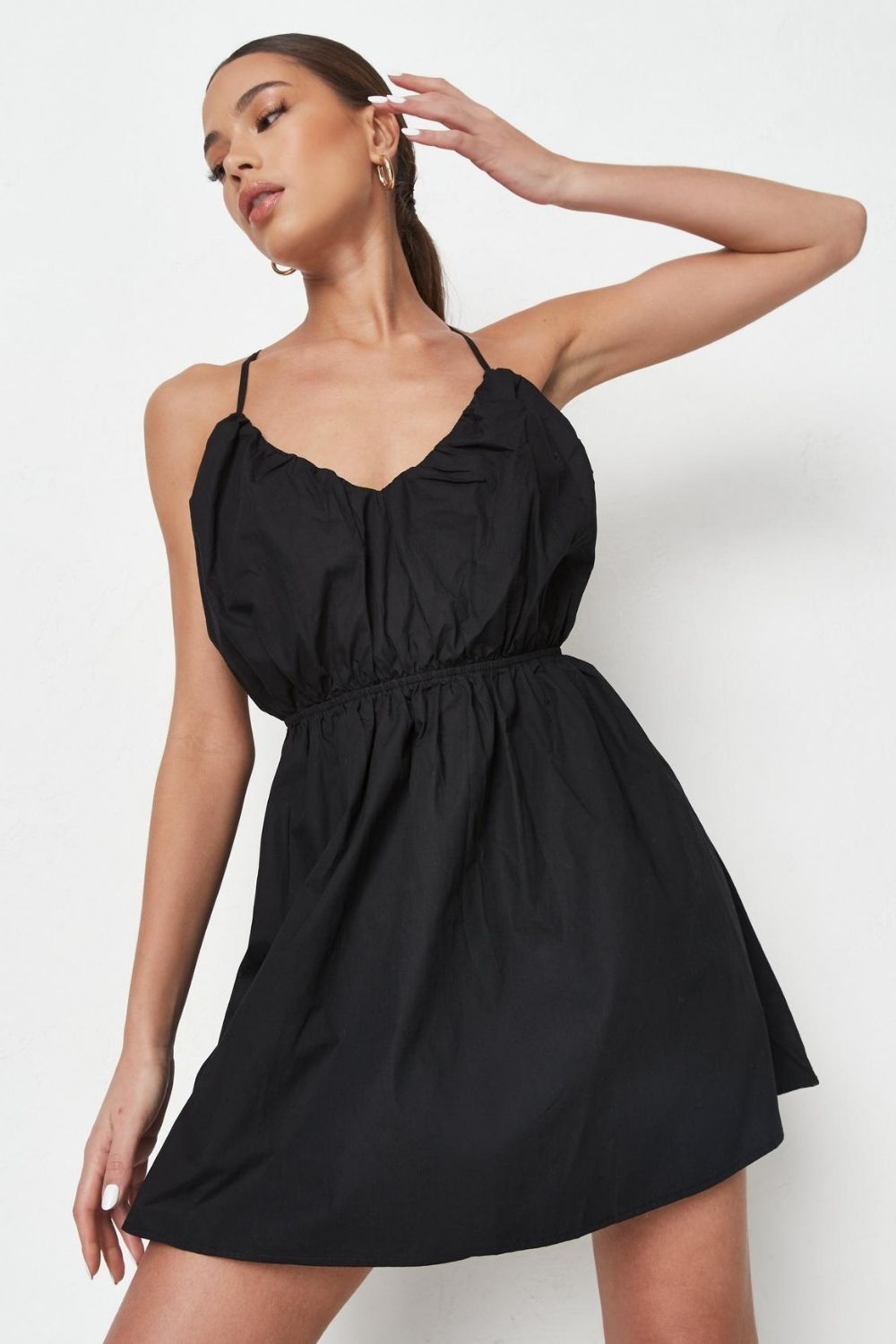 Shirred waist Backless Black Mini Dress