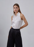 Sleeveless Silky Blouse With Exaggerated Collar Top