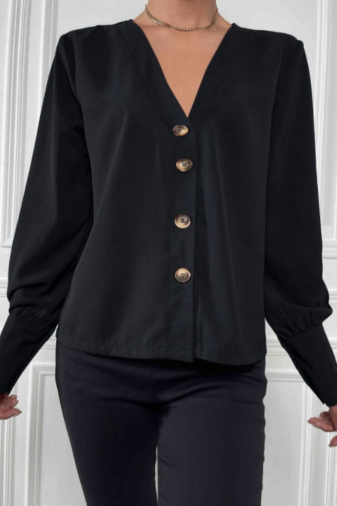 Solid Bishop Sleeve Button Front Blouse