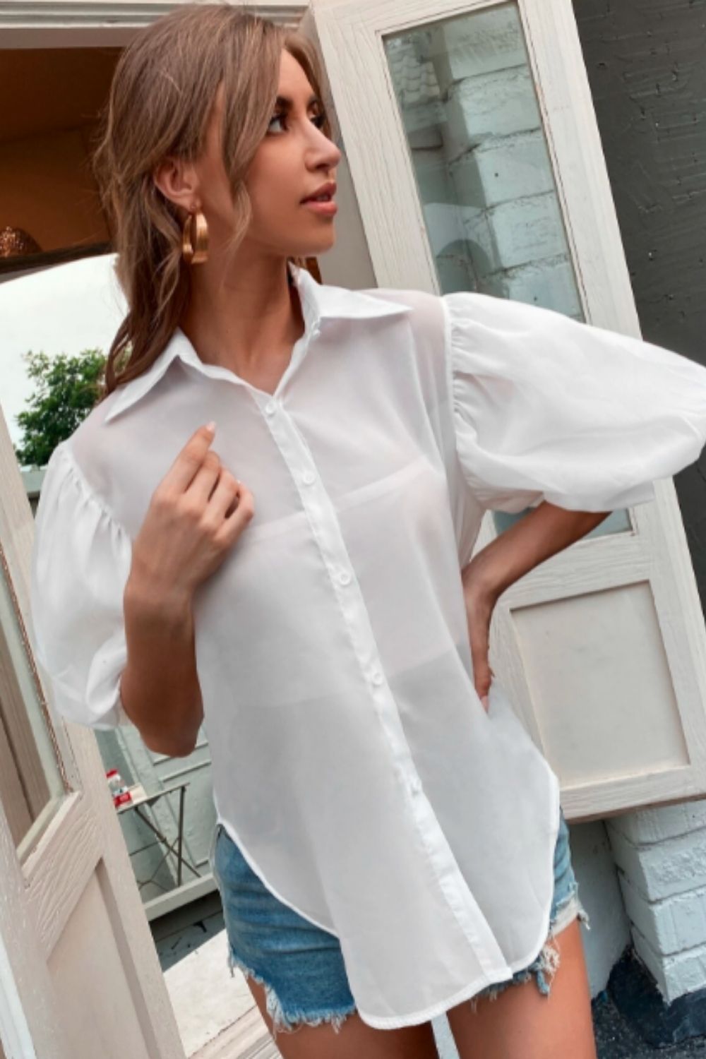 Solid Button Through Bishop Sleeve Blouse