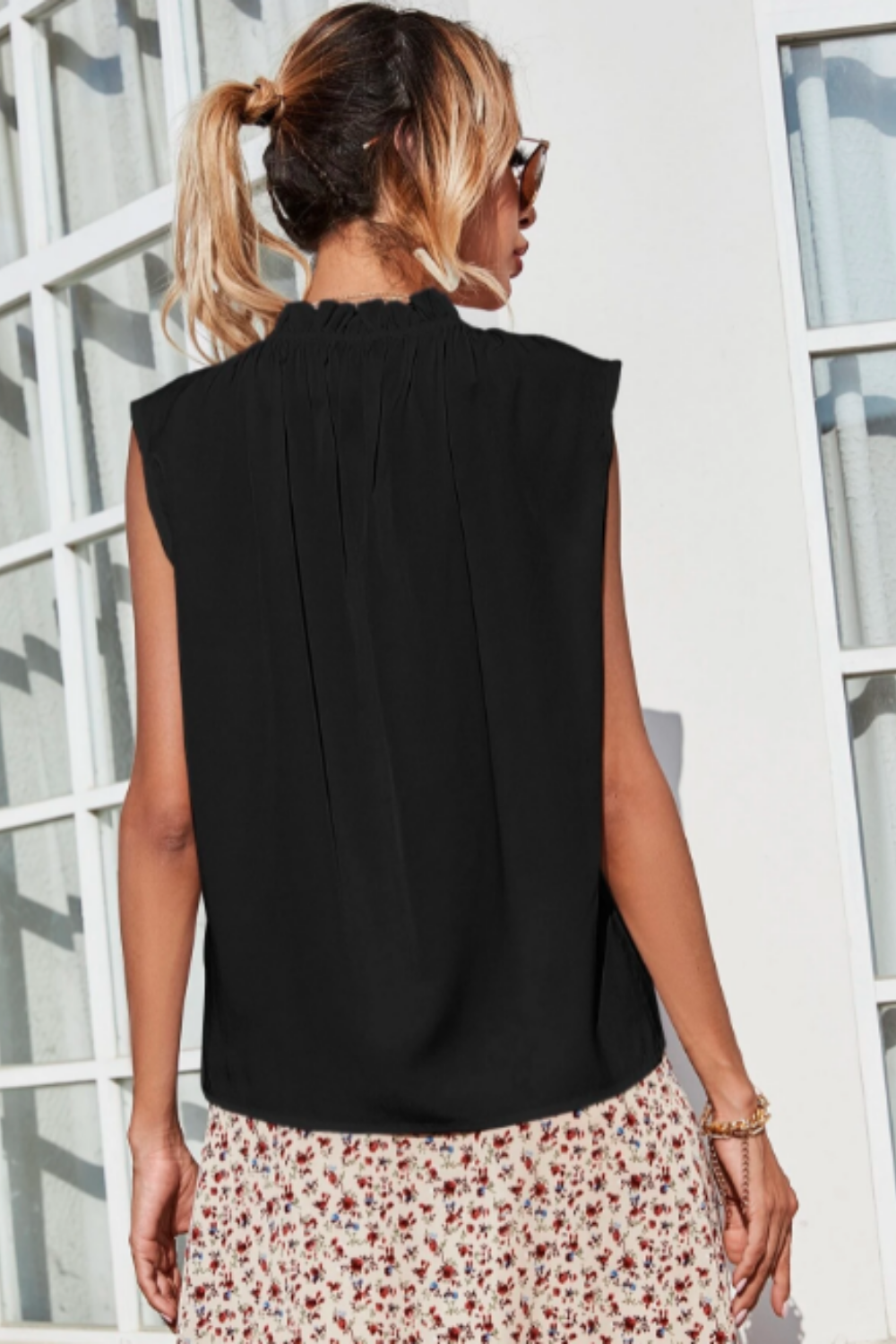 Solid Frill Neck Sleeveless Blouse