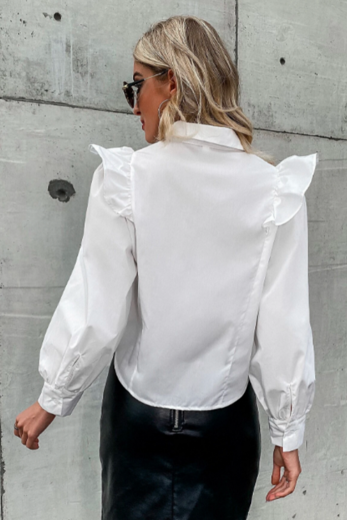Solid Ruffle Trim Button Up Blouse