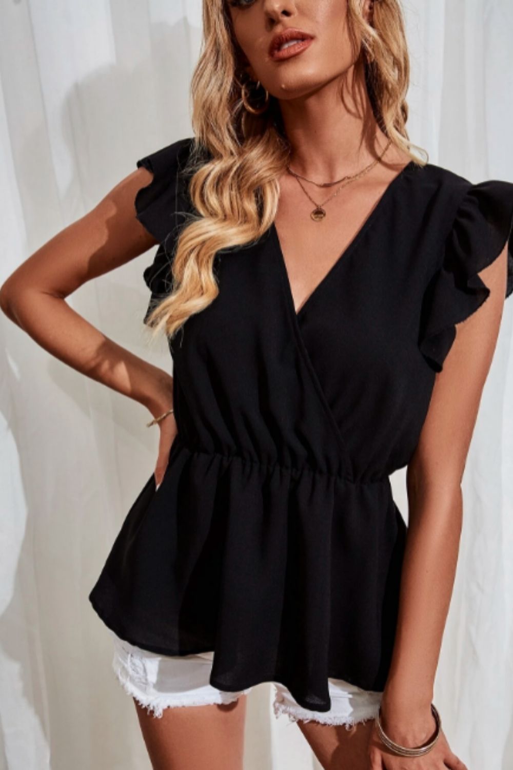 Solid Surplice Front Ruffle Sleeve Blouse