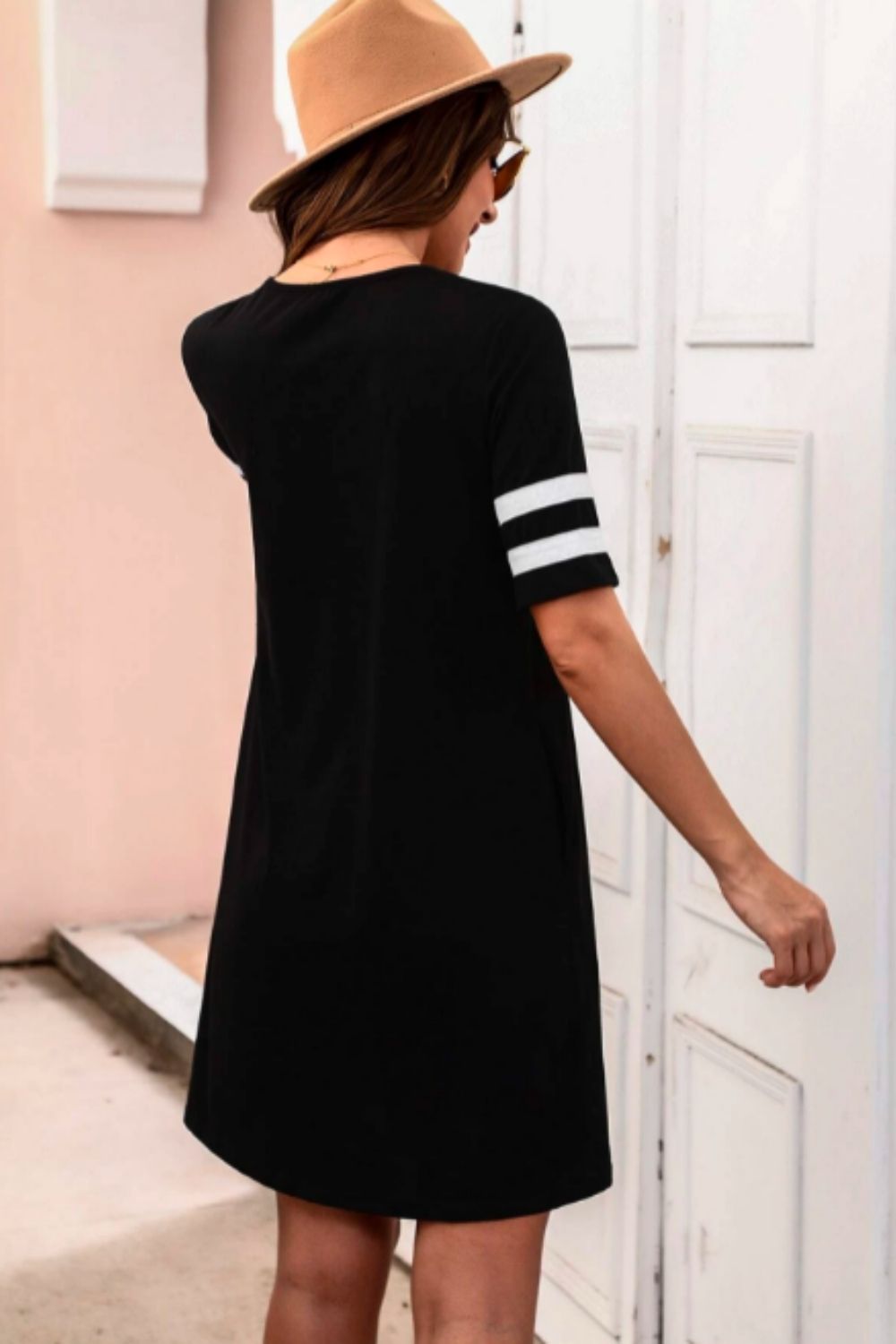 Striped Sleeve Solid T-shirt Dress