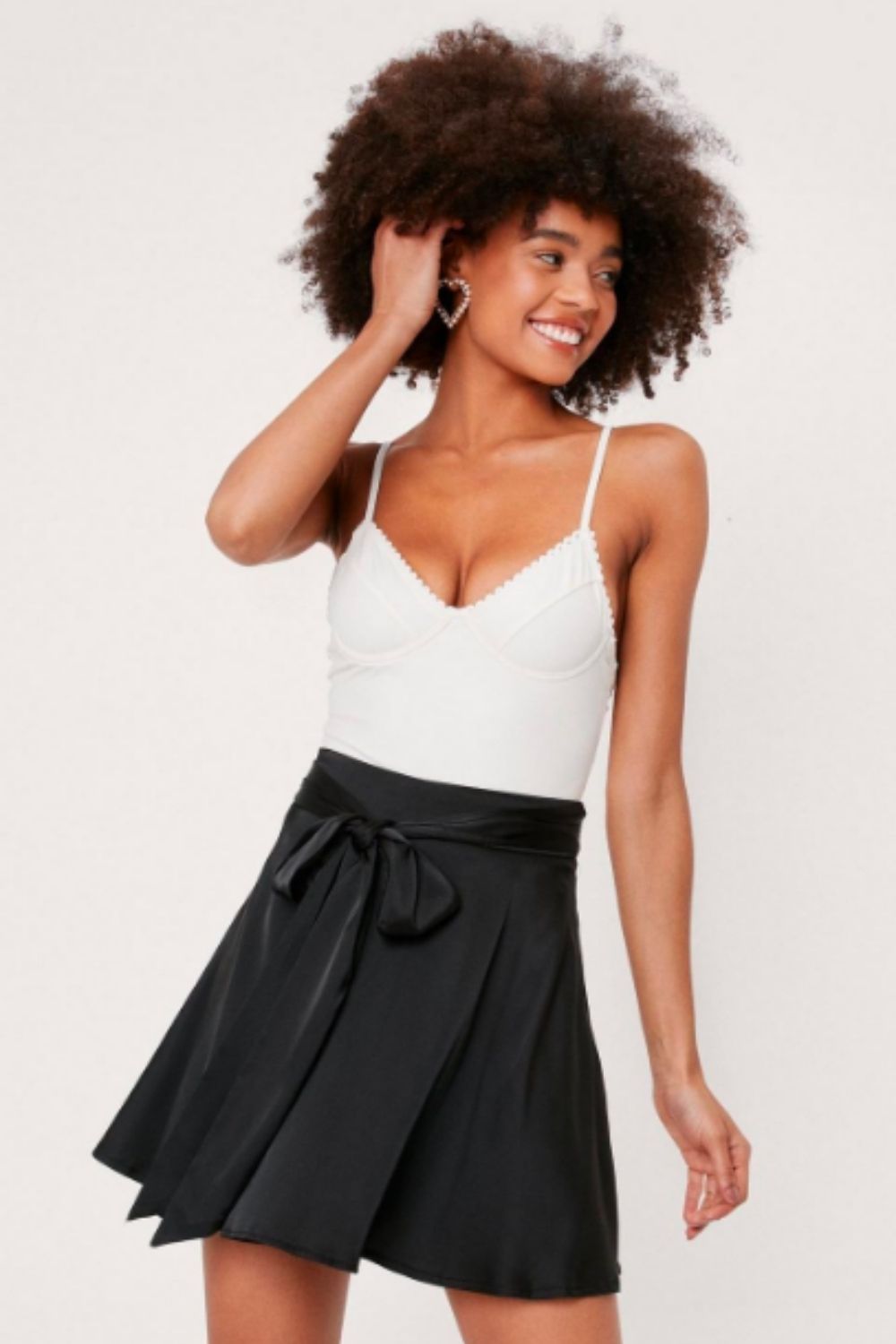 Tie Front Satin Mini Skirt Black