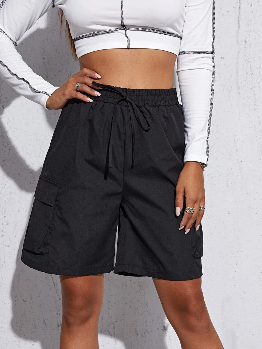 Tie Waist Pocket Patched Shorts