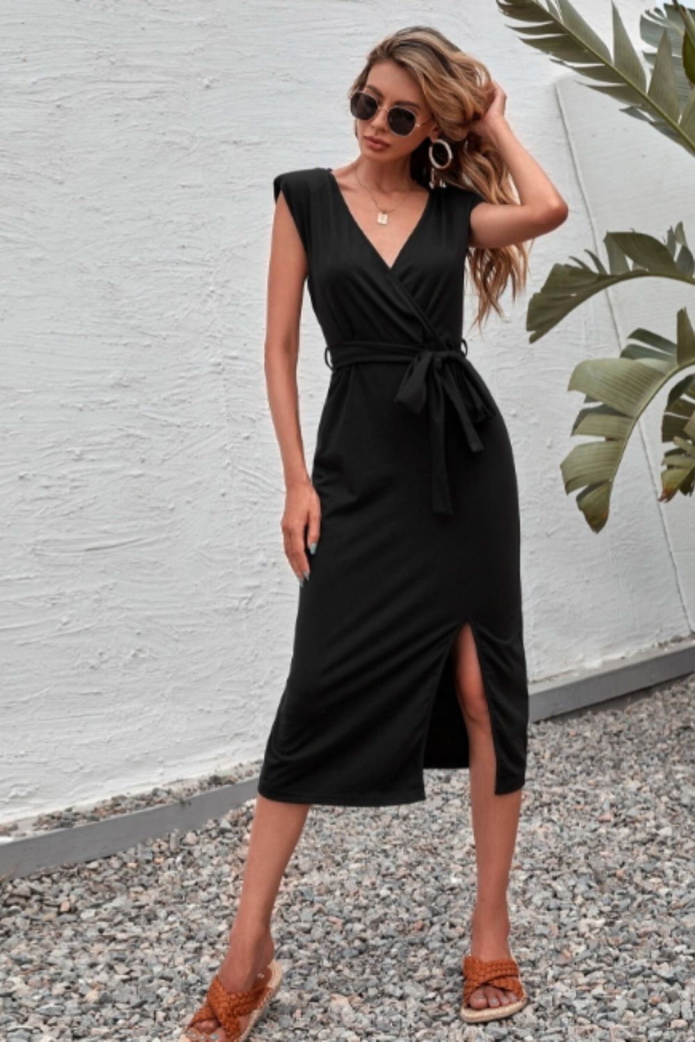 Tie Waist Plunge Neck Split Thigh Midi Dress – Styched Fashion