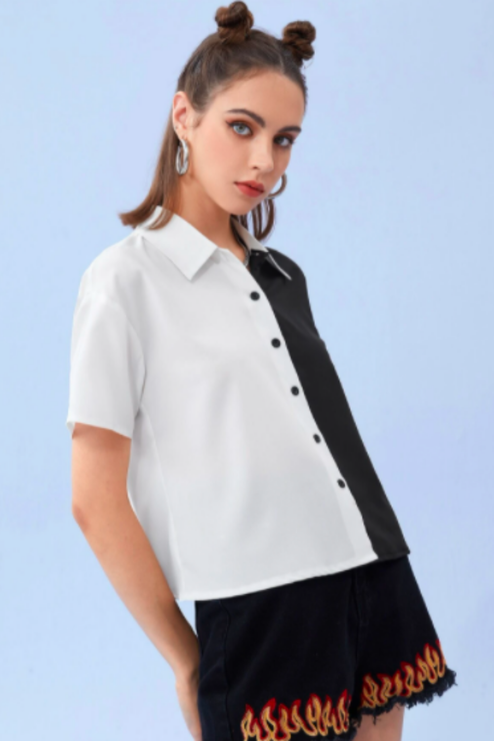 Two Tone Button Front Blouse