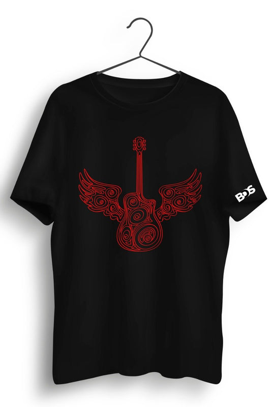 Guitar Wings Red Graphic Printed Black Tshirt