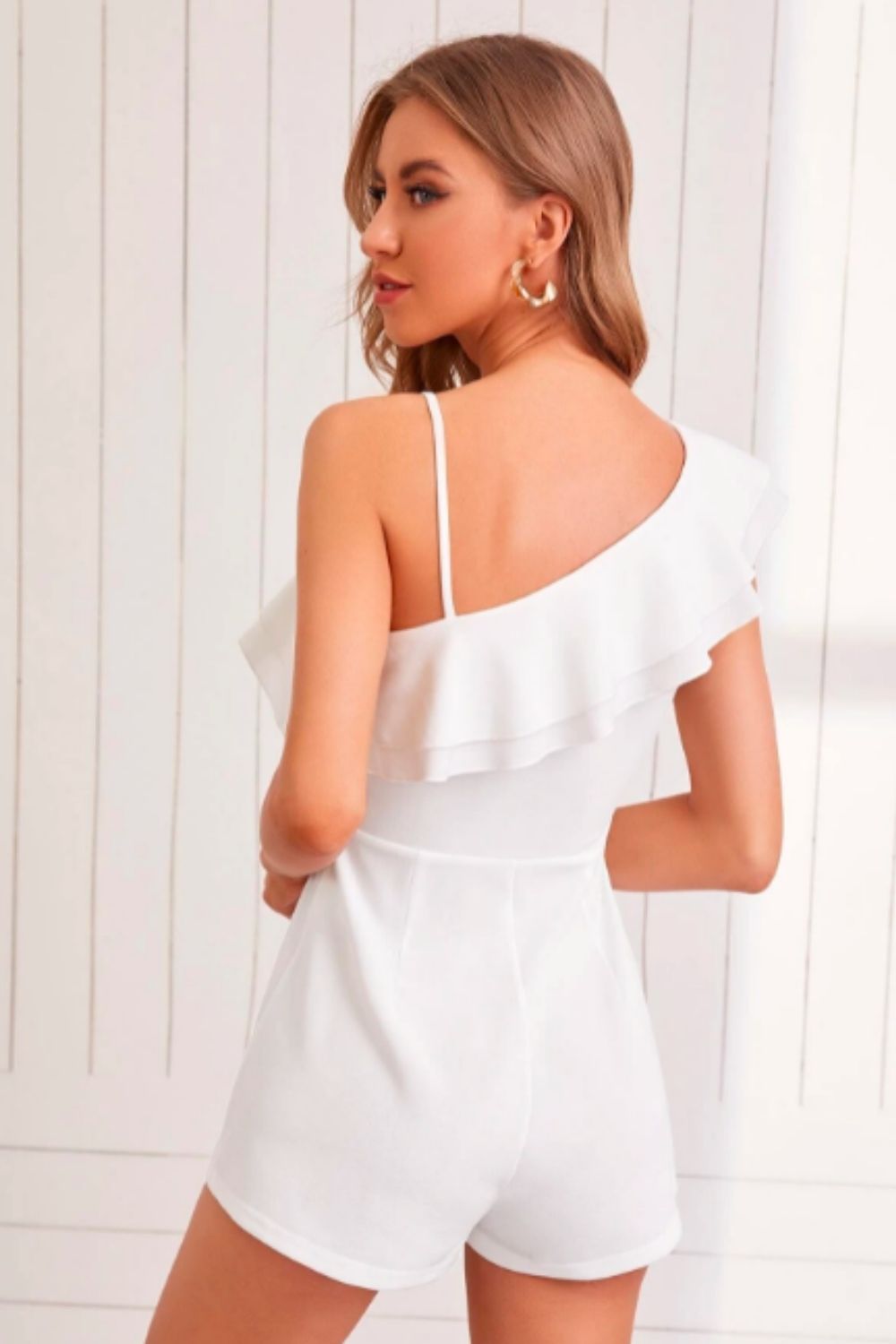 White Asymmetrical Neck Ruffle Tiered Layer Romper