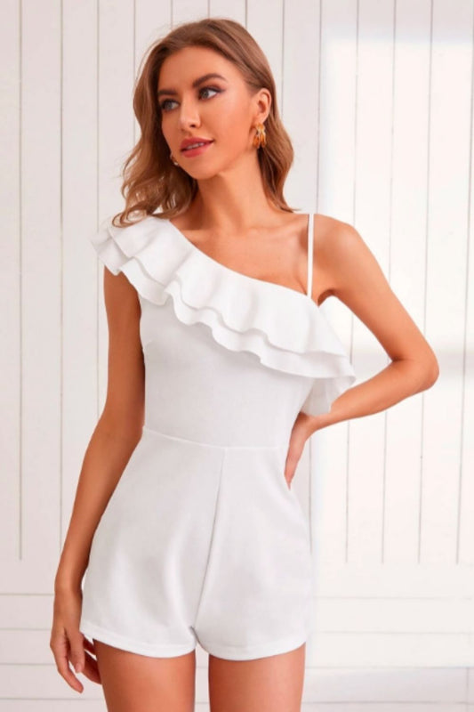 White Asymmetrical Neck Ruffle Tiered Layer Romper