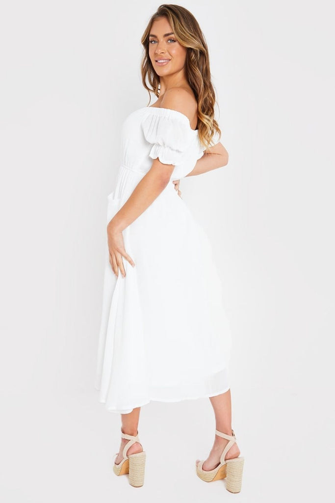 White Bardot Pocket Detail Midi Dress