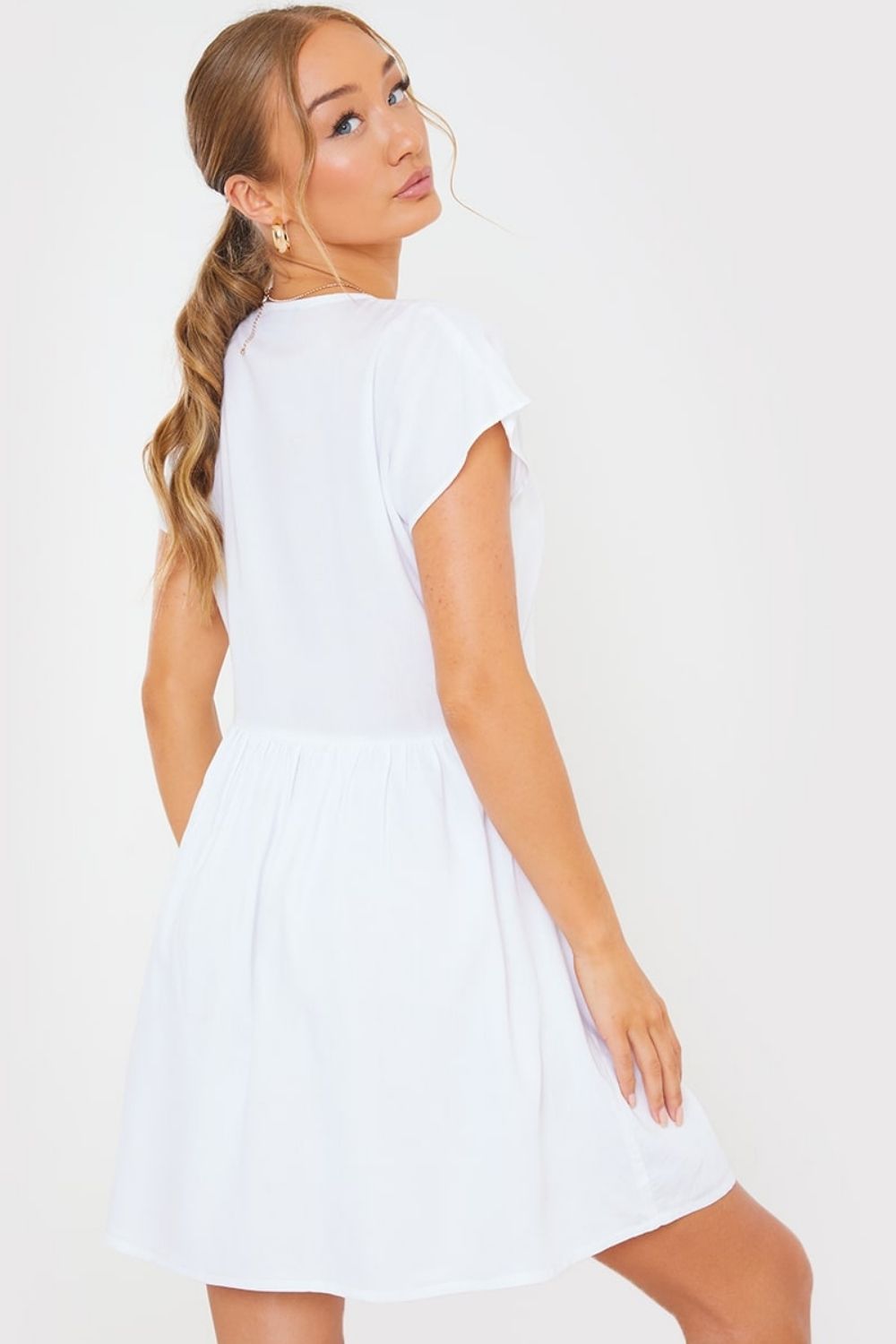 White Button Front Frill Mini Dress