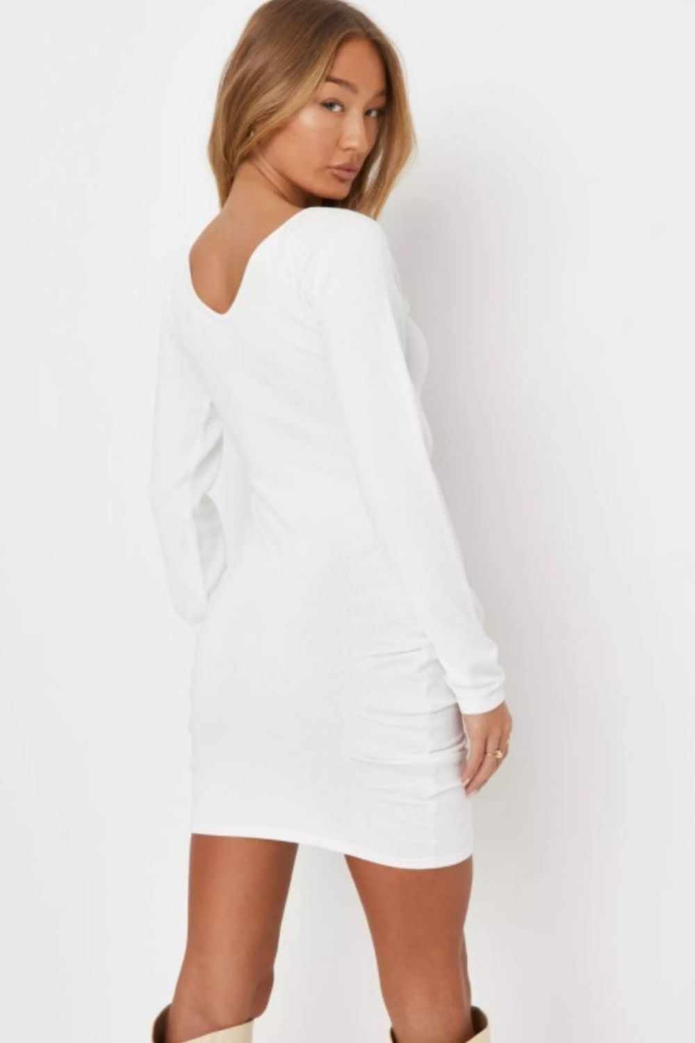 White Halterneck Ruched Cut Out Dress