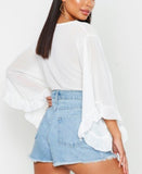 White Petite Ruffle Sleeve Tie Front Top