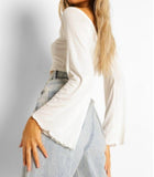 White Tall V-neck Button Front Long Sleeve Crop Top