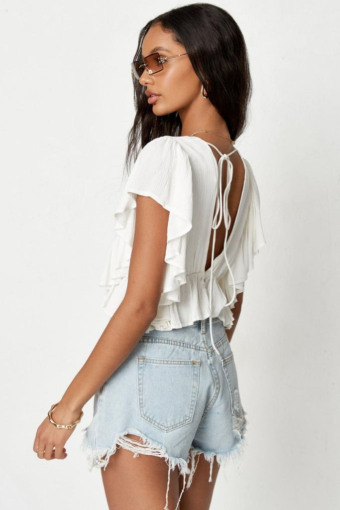 White frill sleeve plunge top