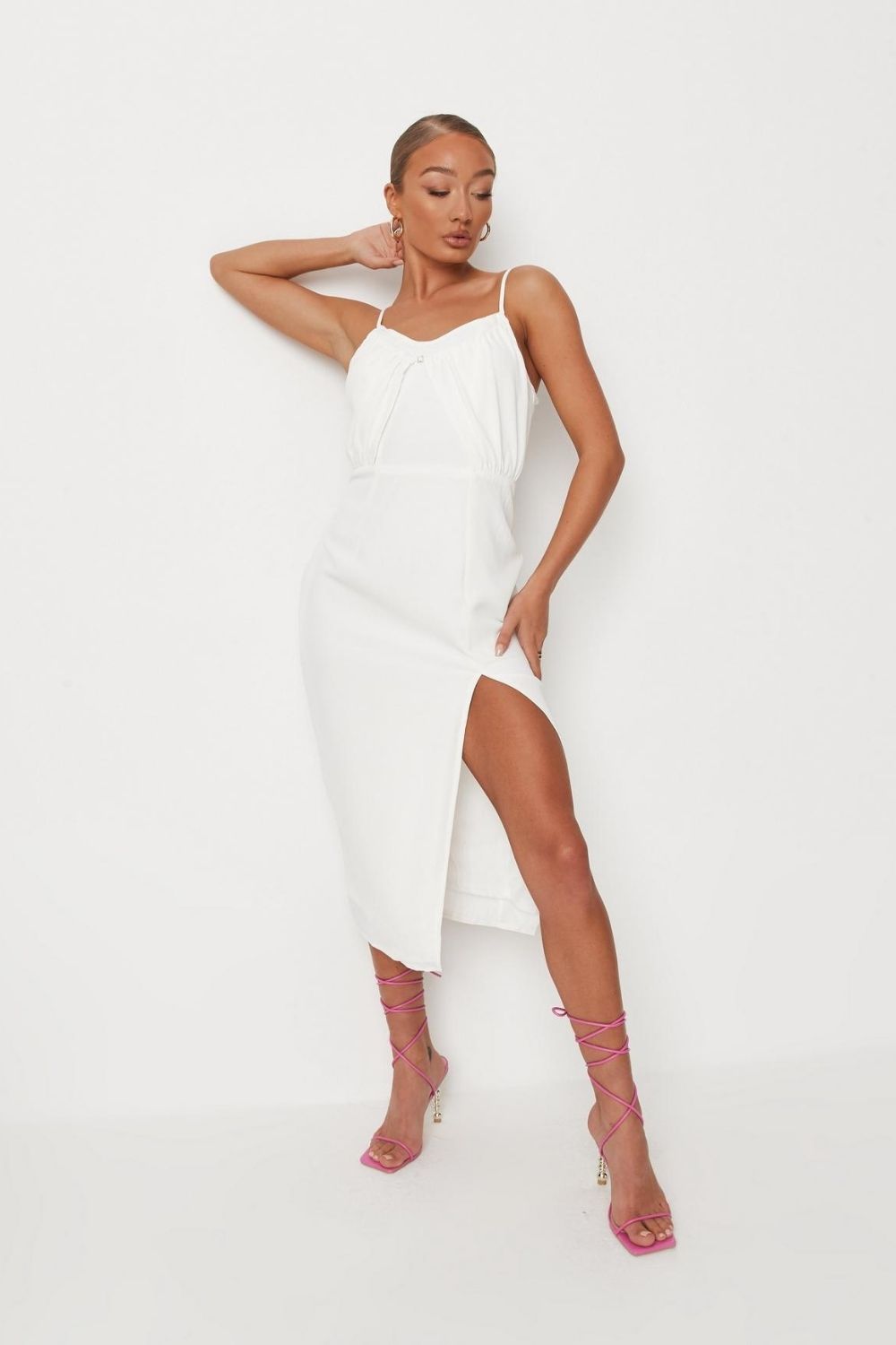White Ruched Bust Strappy Midaxi Dress