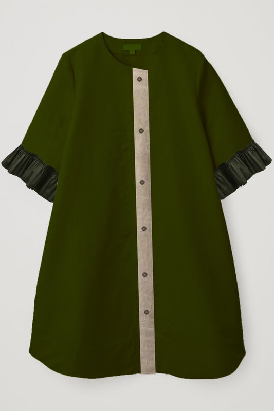 Amelia - olive green kurta with contrast placket and ruffle sleeve