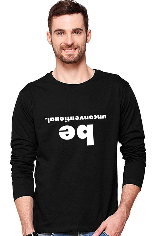 Be Unconventional - Casual Full Sleeve Graphic Printed Black Cotton T-Shirt