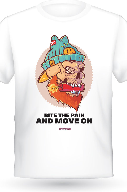 Bite the Pain and Move On! - Quirky Graphic T-Shirt White Color