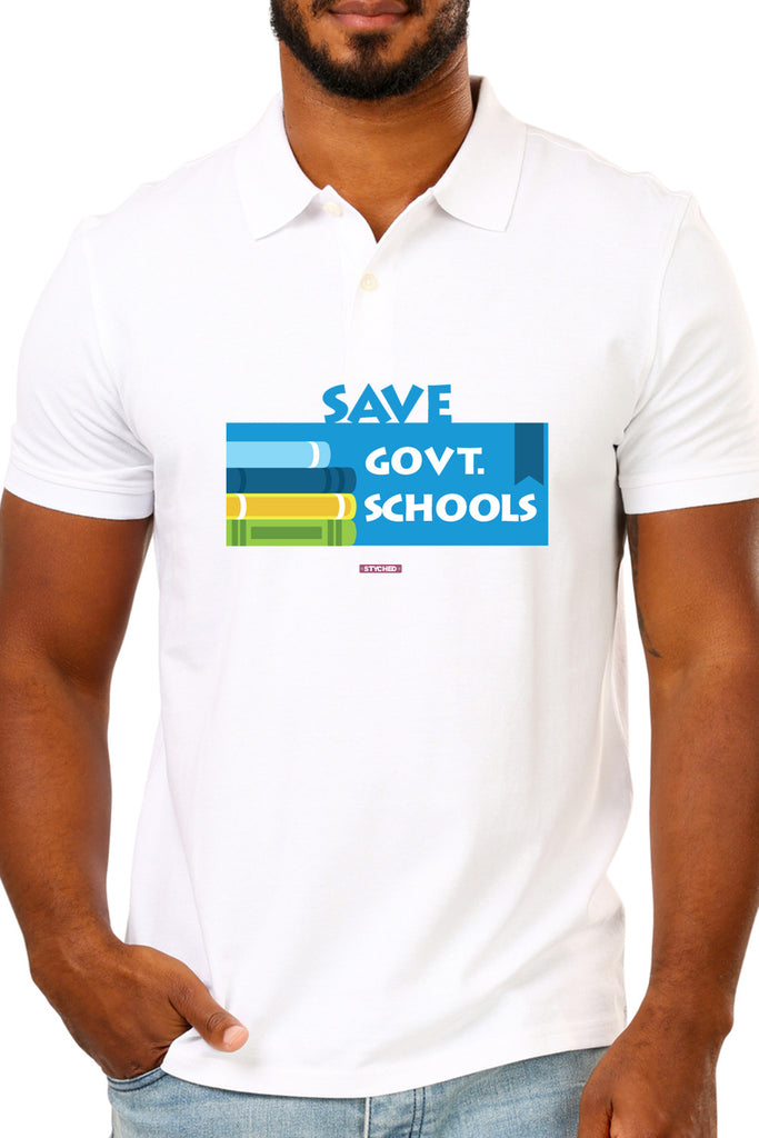 Save Govt. Schools Movement Tee - Styched in India Graphic Polo T-Shirt White Color