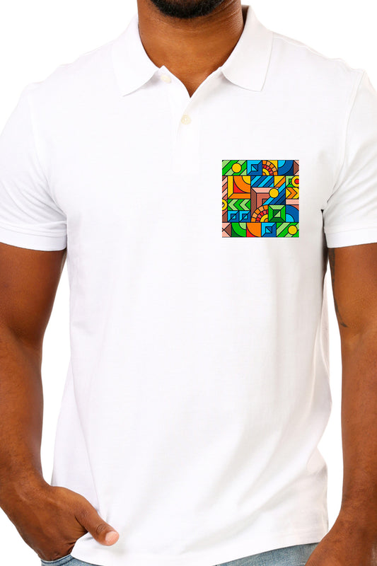 White Premium Polo T-Shirt with Colorful Geometric Shapes Pocket Print