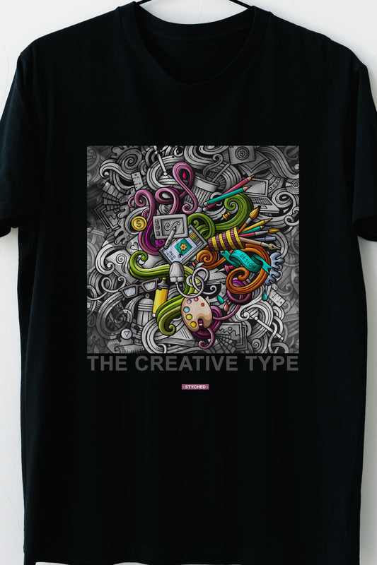 Creative Type - Block printed creative art round neck black tshirt