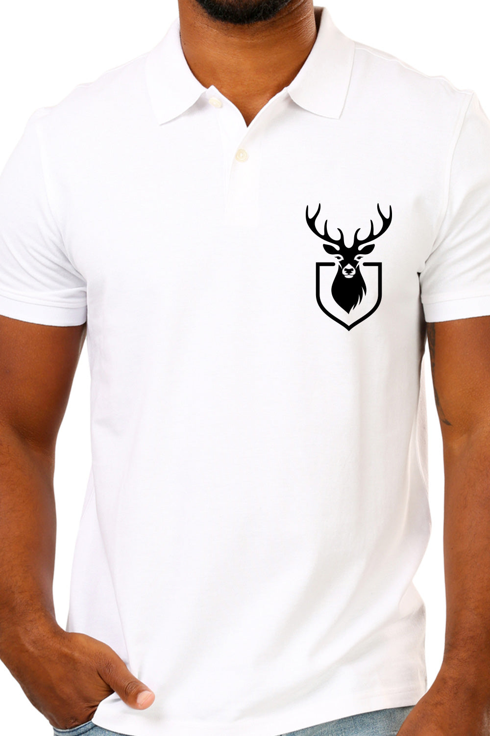 White Premium Polo T-Shirt with Deer Minimal Silhouette Graphics on Pocket Printed