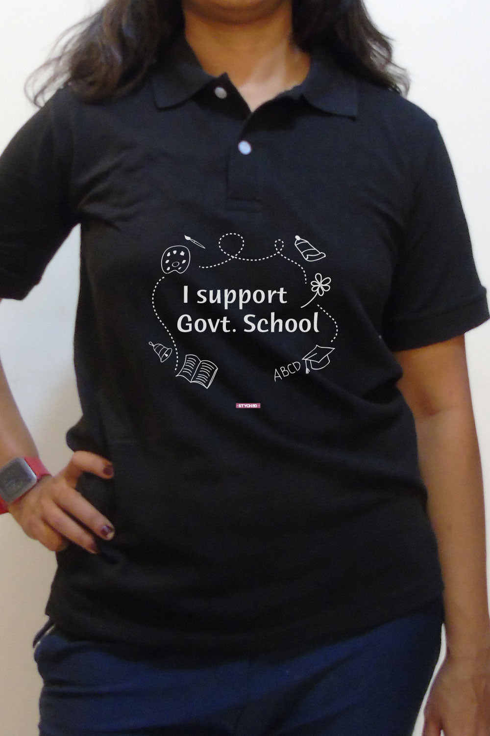 Save Govt. Schools Movement Tee - Styched in India Graphic Polo T-Shirt Black Color
