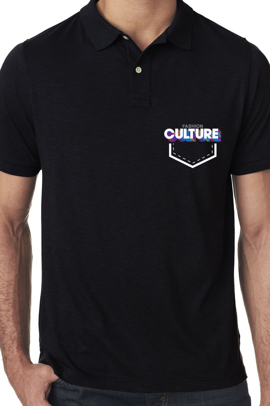 Black Premium Polo T-Shirt with Fashion Culture Retro Typographic Pocket Print