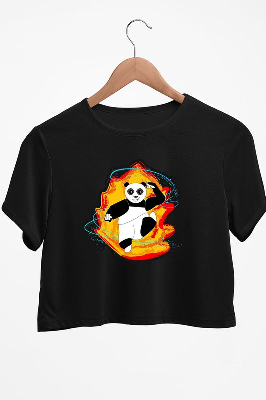 Panda On Fire Graphic Printed Black Crop Top