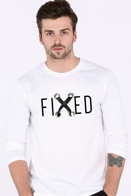 Fixed - Printed Graphic White Full Sleeve 100% Cotton T-Shirt
