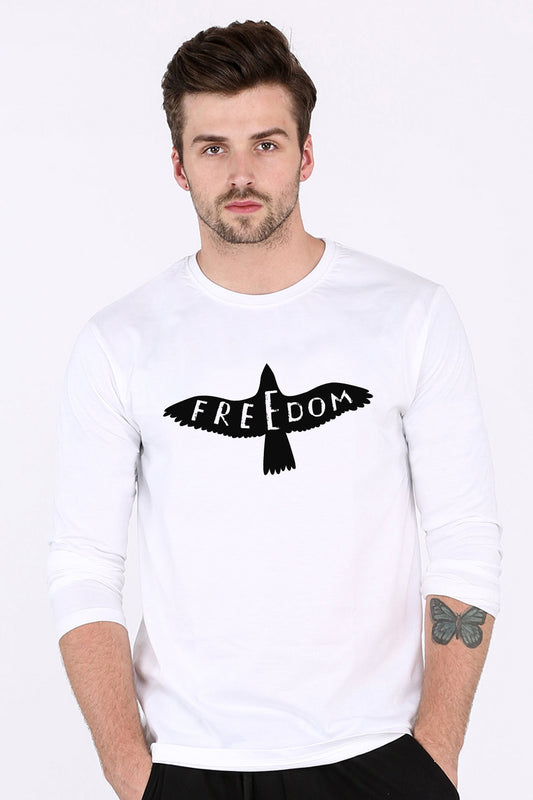Freedom Bird Printed White Full Sleeve TShirt Cotton