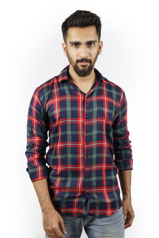 Green and Maroon Checked Slim Fit Shirt
