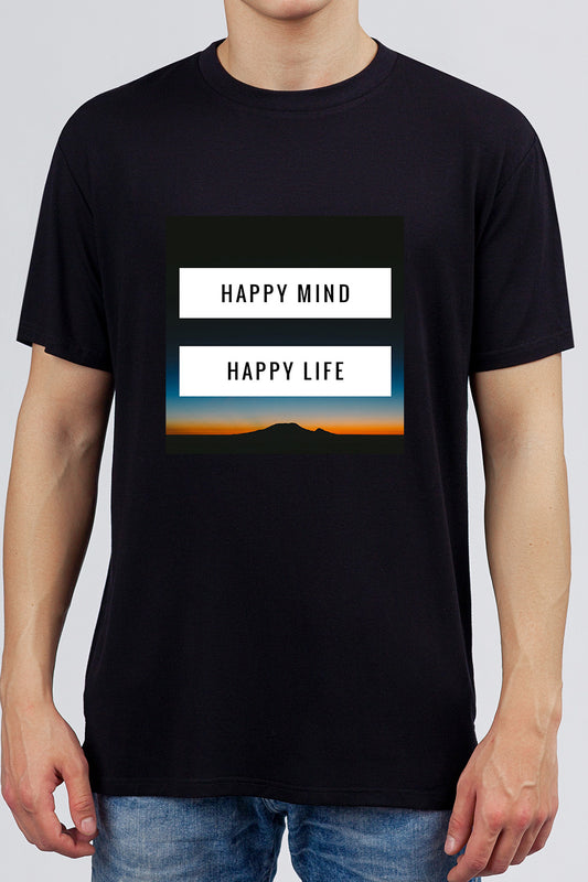 Happy Mind Happy Life - Black block Printed T-Shirt