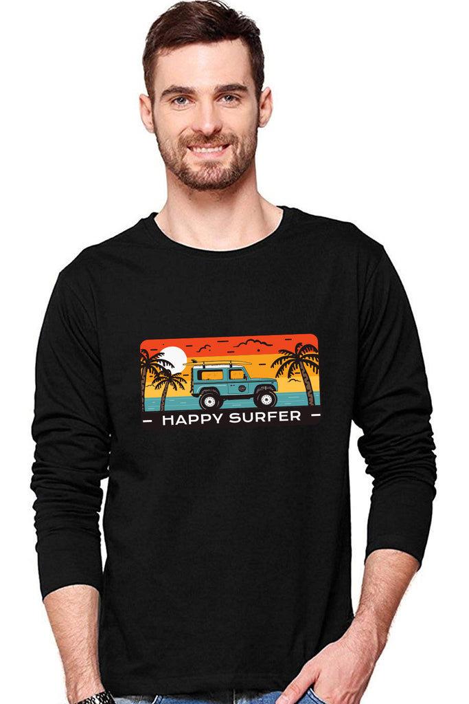 Happy Surfer - Casual Full Sleeve Graphic Printed Black Cotton T-Shirt