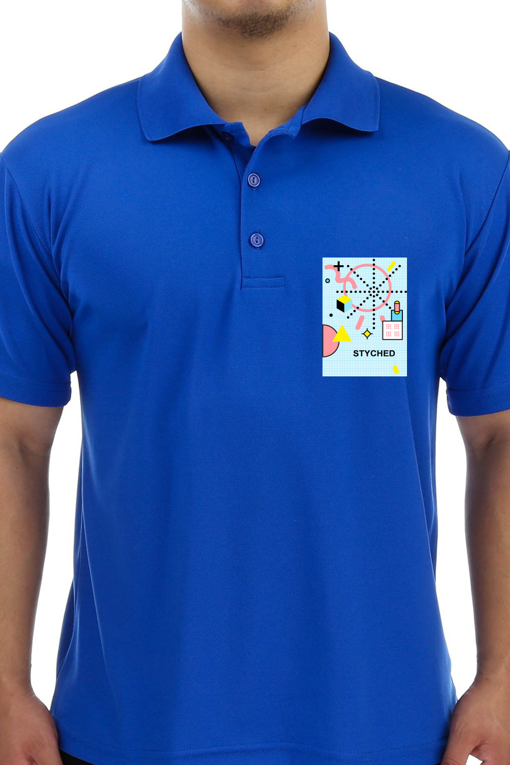 Royal Blue Premium Polo T-Shirt with Memphis Geometric Style Pocket Print