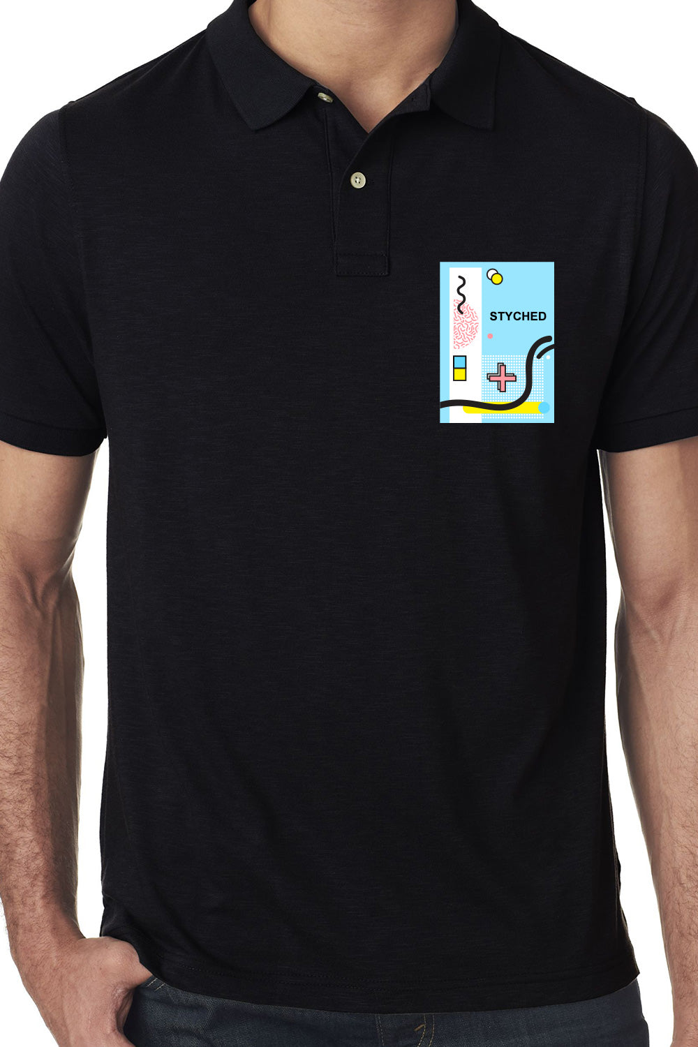 Black Premium Polo T-Shirt with Memphis Flow Style Pocket Print