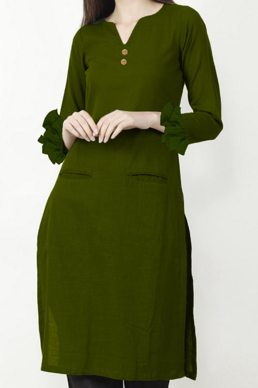 Olivia - Olive green kurta with ruffle sleeve hem