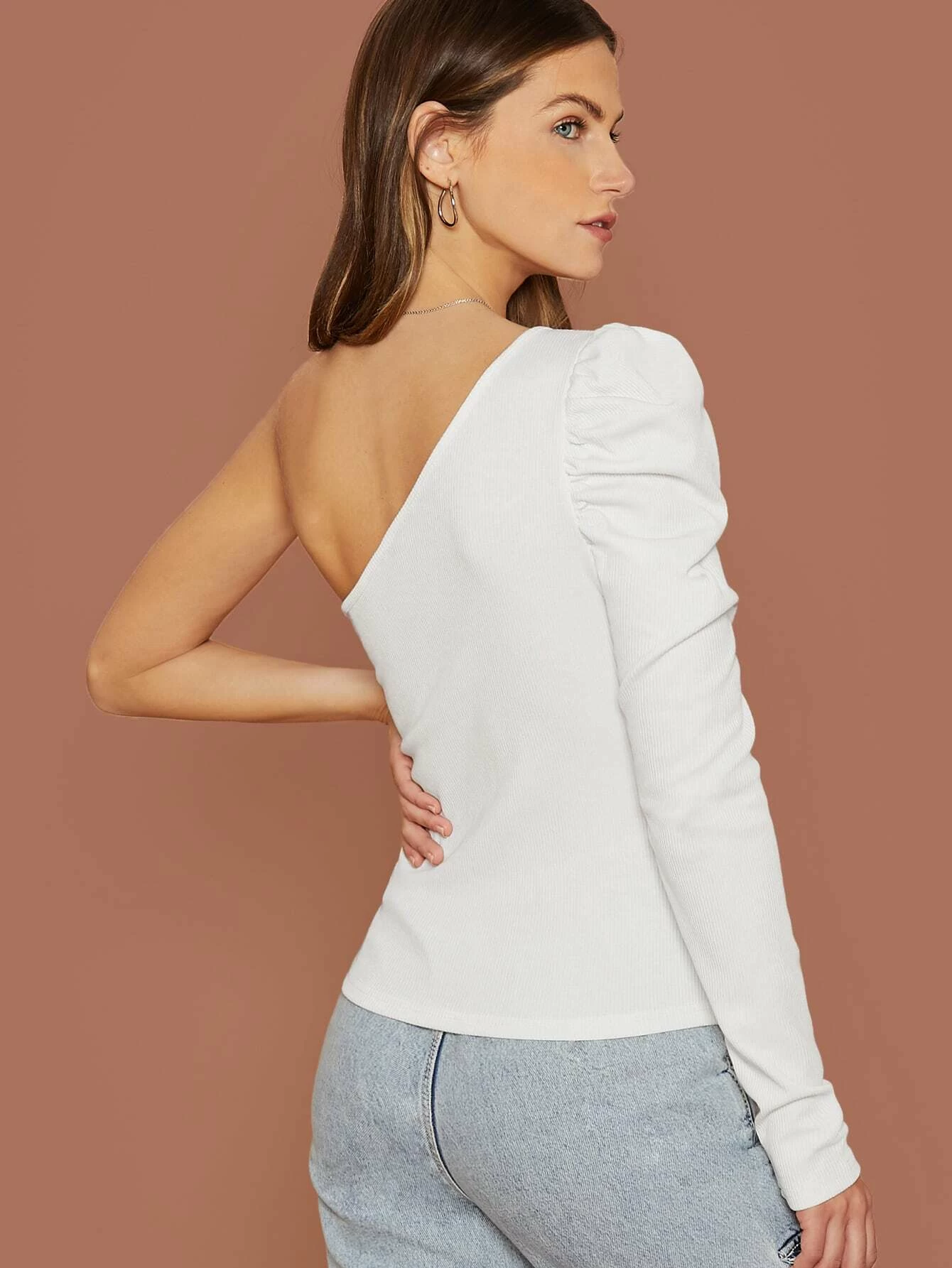One Shoulder Puff Top White