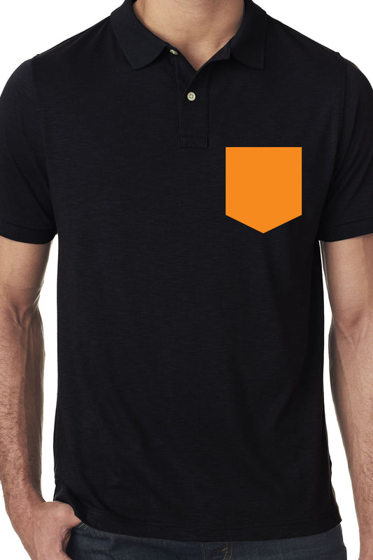 Black Premium Polo T-Shirt with Orange Pocket Patch Graphics Printed on Chest