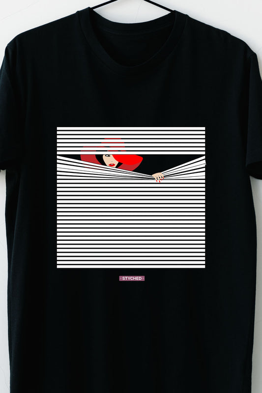 Casual Black T-Shirt - Optical Illusion Peeping Lady - Striped Tee