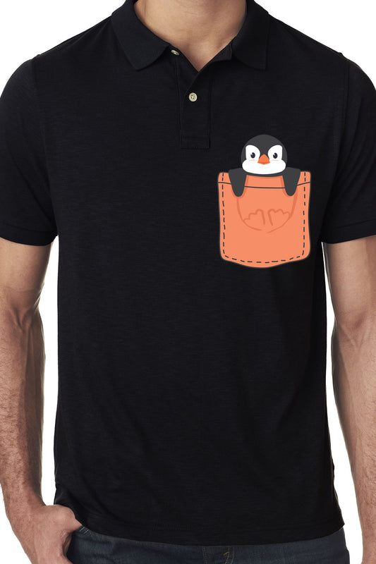 Black Premium Polo T-Shirt with Penguin peeping out of orange Pocket Printed