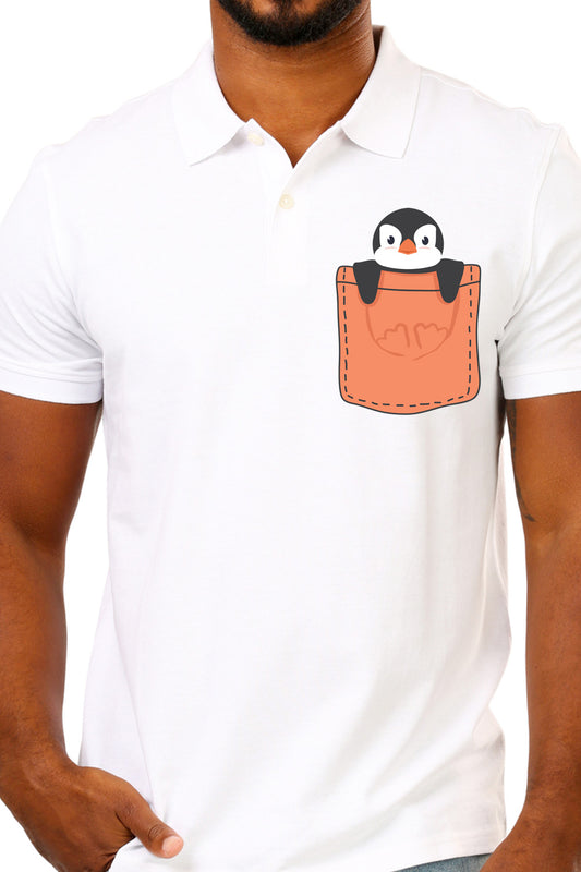 White Premium Polo T-Shirt with Penguin peeping out of orange Pocket Printed