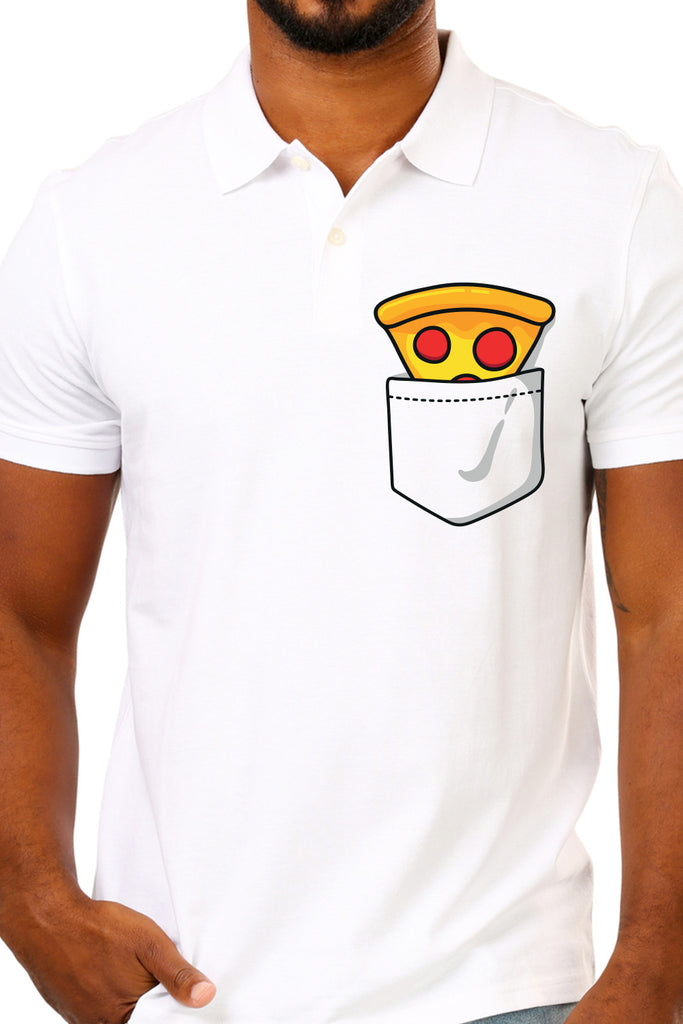 White Premium Polo T-Shirt With Pizza Towering Out Pocket Print