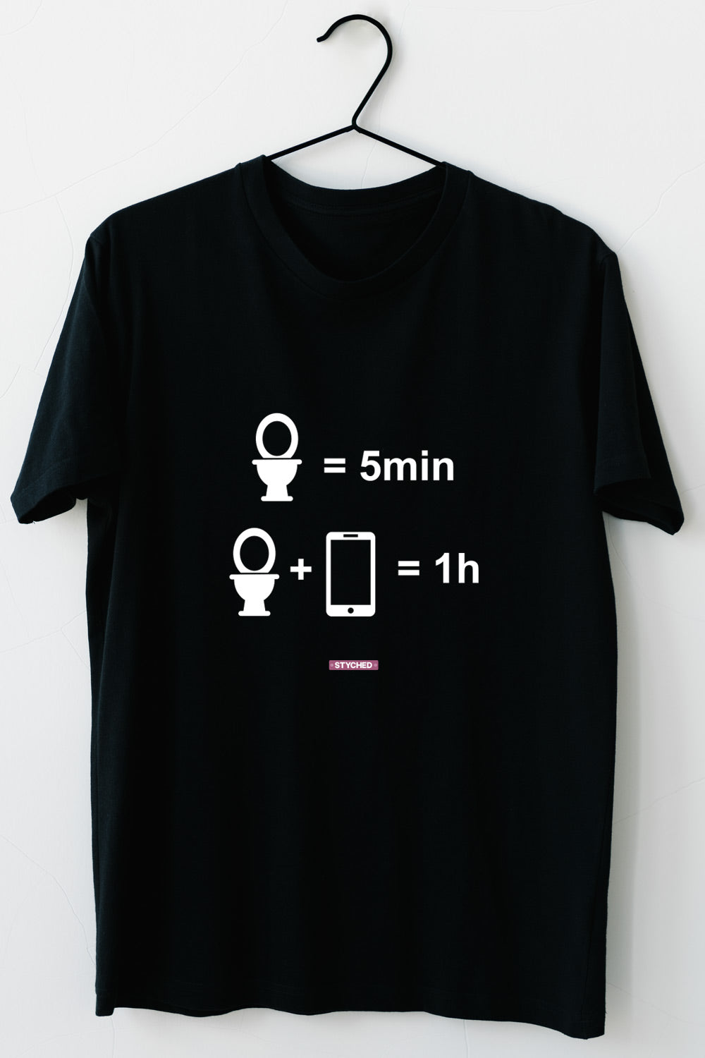 Time in restroom with phone - Quirky Graphic T-Shirt Black Color