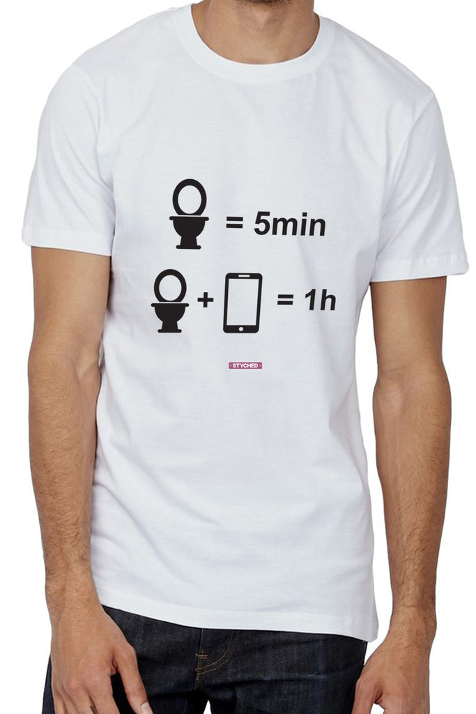 Time in restroom with phone - Quirky Graphic T-Shirt White Color
