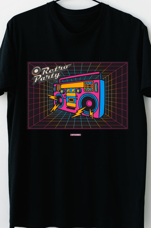 Retro Party - multi LED 80s fashion Black printed graphic Tee